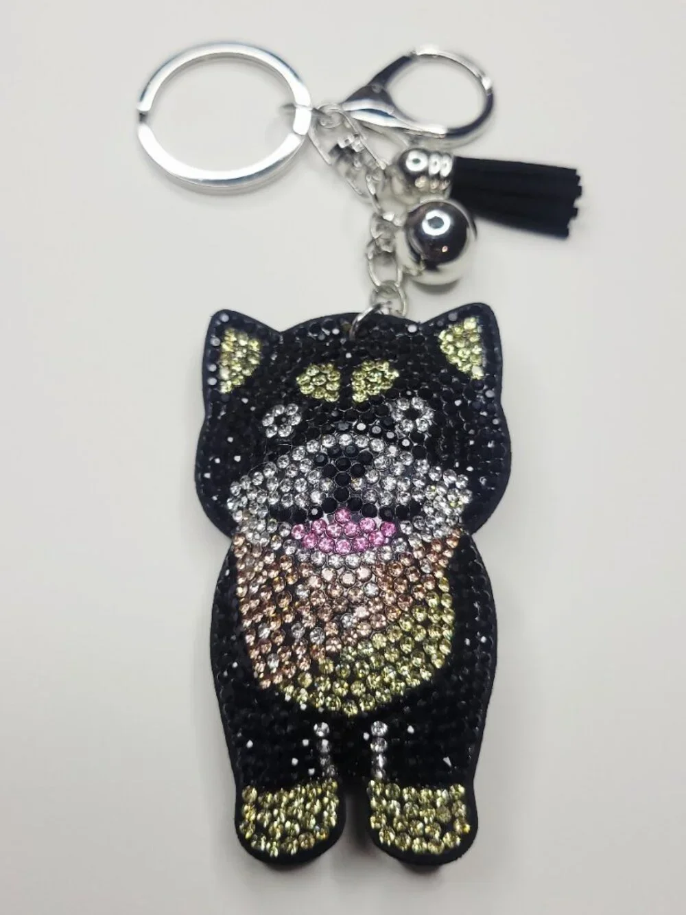 NWT Large Sparkly Puffy Black And Tan Husky Dog Keychain Bag Charm With Tassel